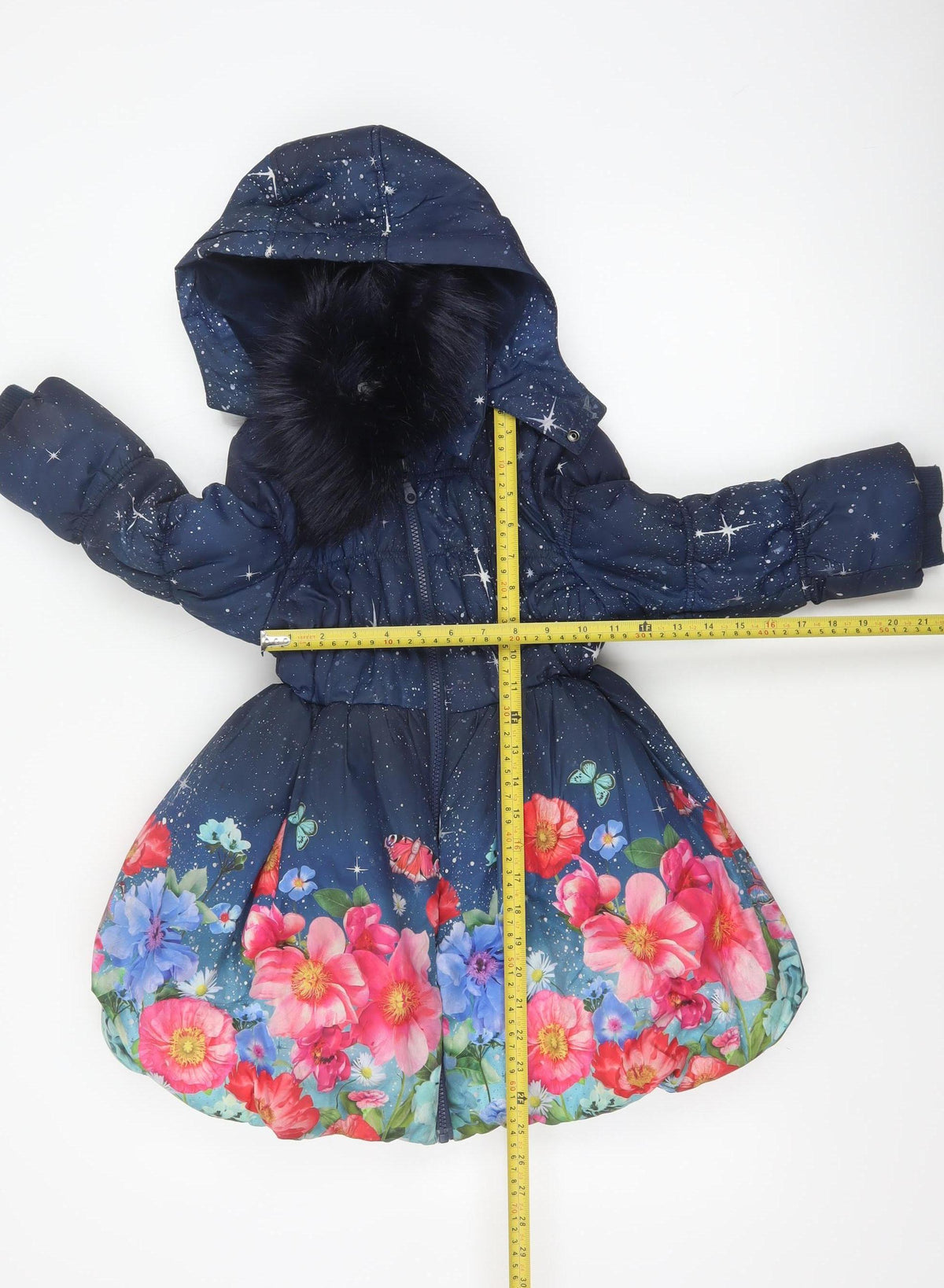 Monsoon Girls Blue 5-6 Years Floral Star Hooded Puffer Coat Faux Fur