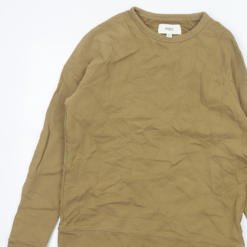 Marks and Spencer Men Brown S Crew Neck Cotton Pullover Sweatshirt