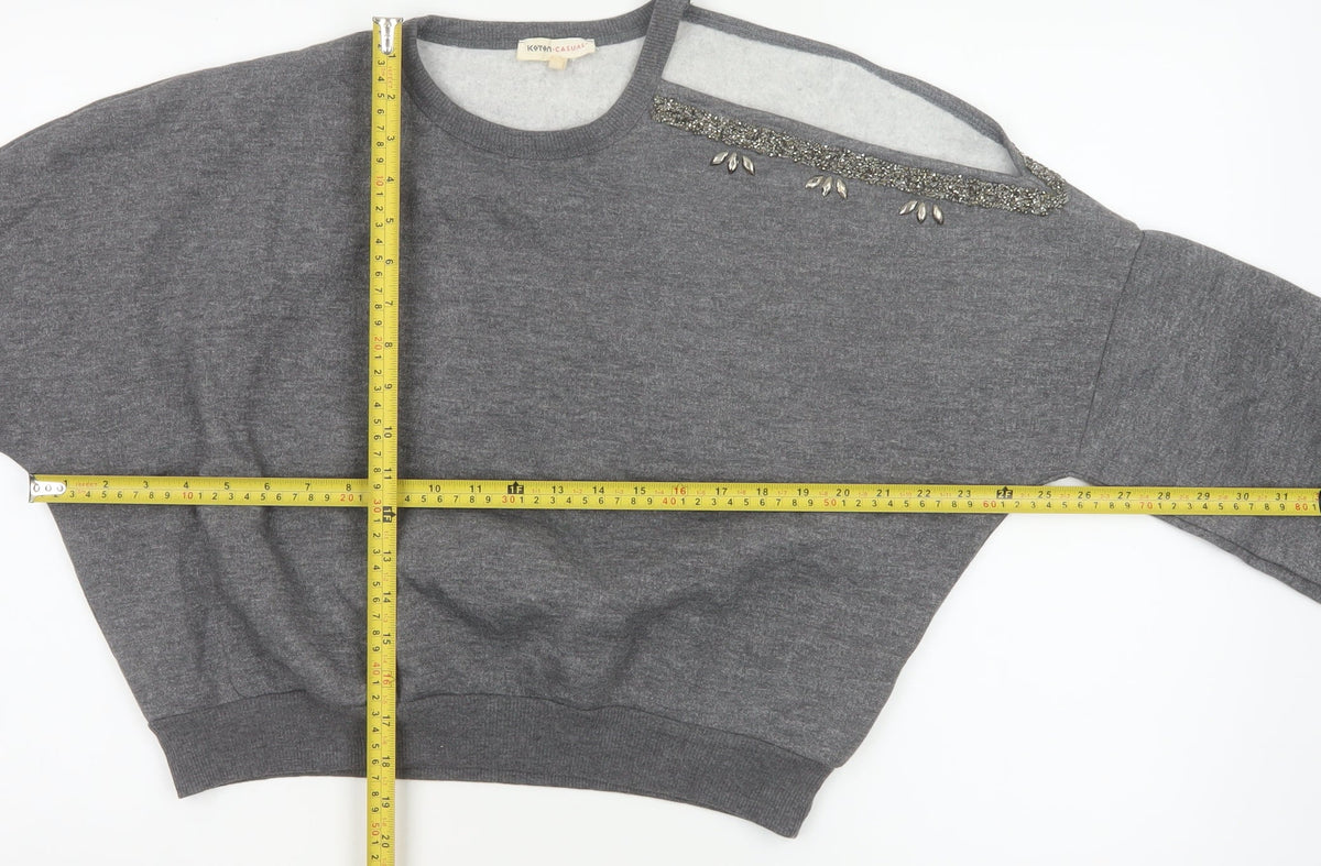 Kotton Casual Women Grey 2XL Beaded Jewel Crew Neck Sweatshirt