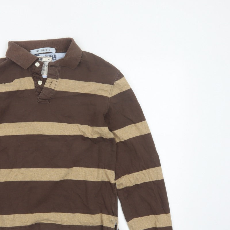 GAP Men’s Brown Beige Striped Cotton Long Sleeve Rugby Polo M
