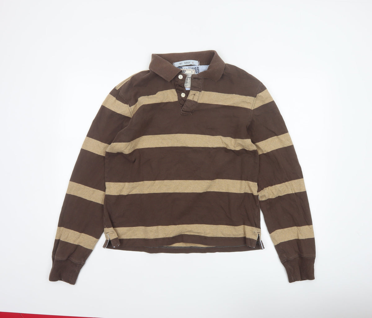 GAP Men’s Brown Beige Striped Cotton Long Sleeve Rugby Polo M