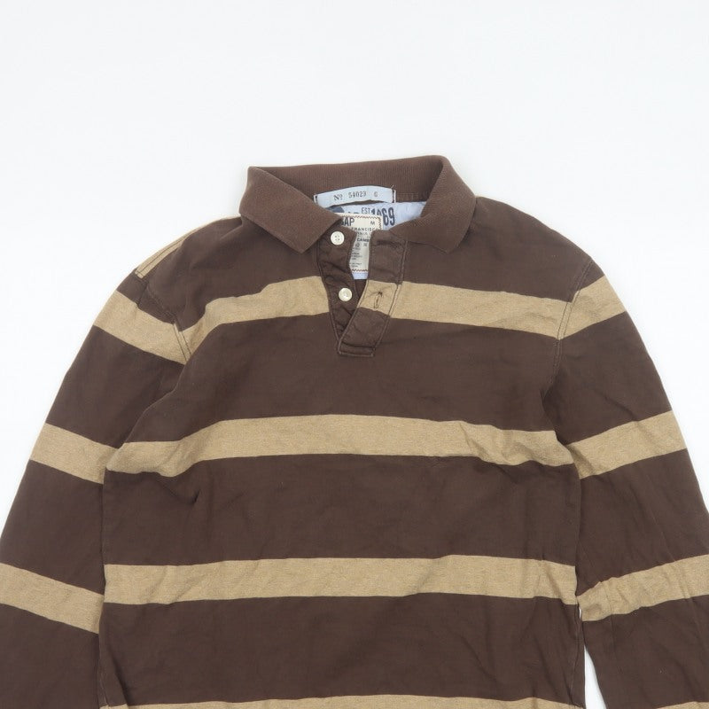 GAP Men’s Brown Beige Striped Cotton Long Sleeve Rugby Polo M