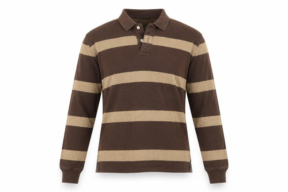 GAP Men’s Brown Beige Striped Cotton Long Sleeve Rugby Polo M