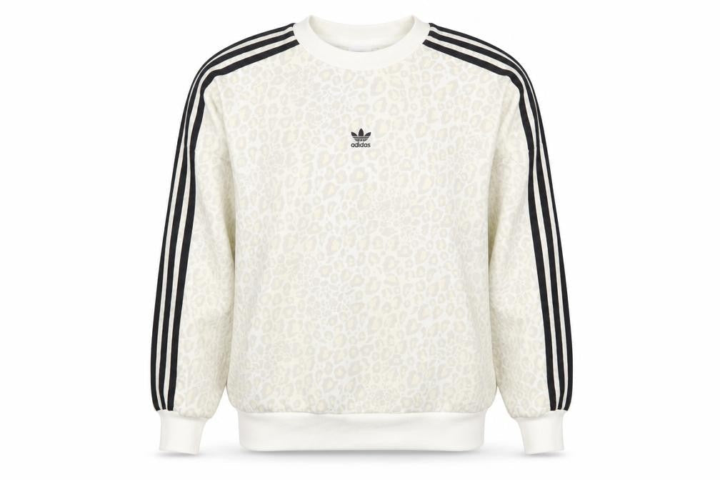 Adidas Women’s Ivory UK 12 Leopard Print 3 Stripe Crew Sweatshirt