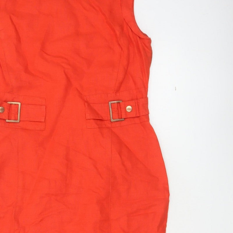 Per Una Women Red Linen Pencil Dress UK 12 Sleeveless Buckle Workwear