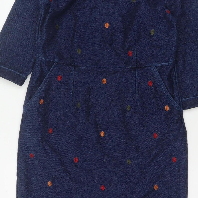 White Stuff Women Blue UK 10 Polka Dot Embroidered Pencil Dress