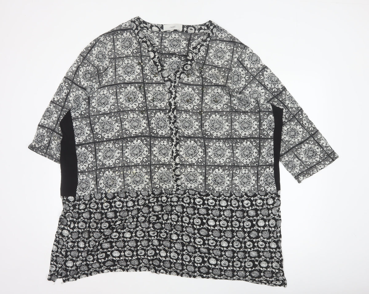 Next Women Black Print V-Neck 3/4 Sleeve Tunic Blouse UK 26