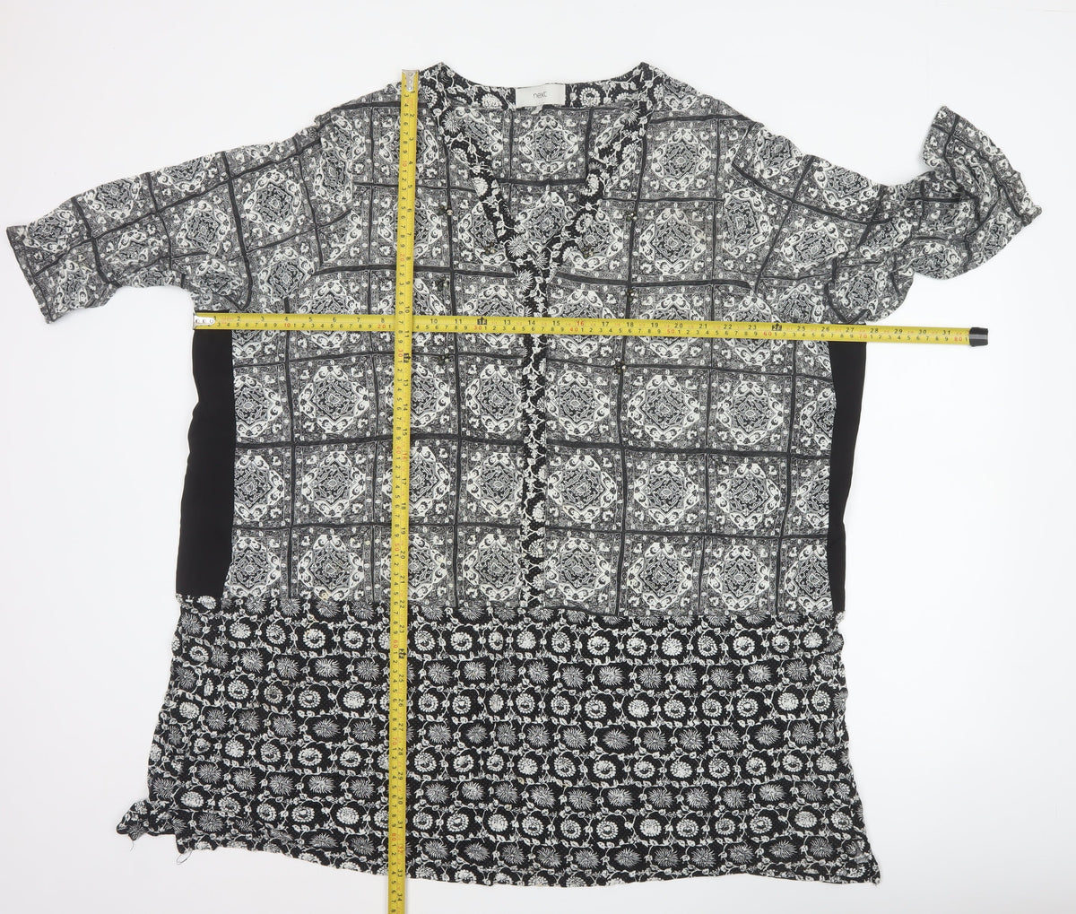 Next Women Black Print V-Neck 3/4 Sleeve Tunic Blouse UK 26
