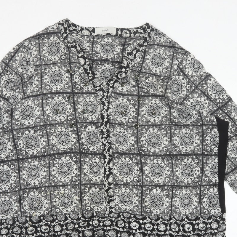 Next Women Black Print V-Neck 3/4 Sleeve Tunic Blouse UK 26
