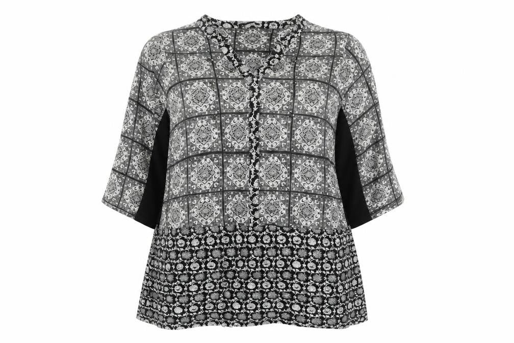 Next Women Black Print V-Neck 3/4 Sleeve Tunic Blouse UK 26