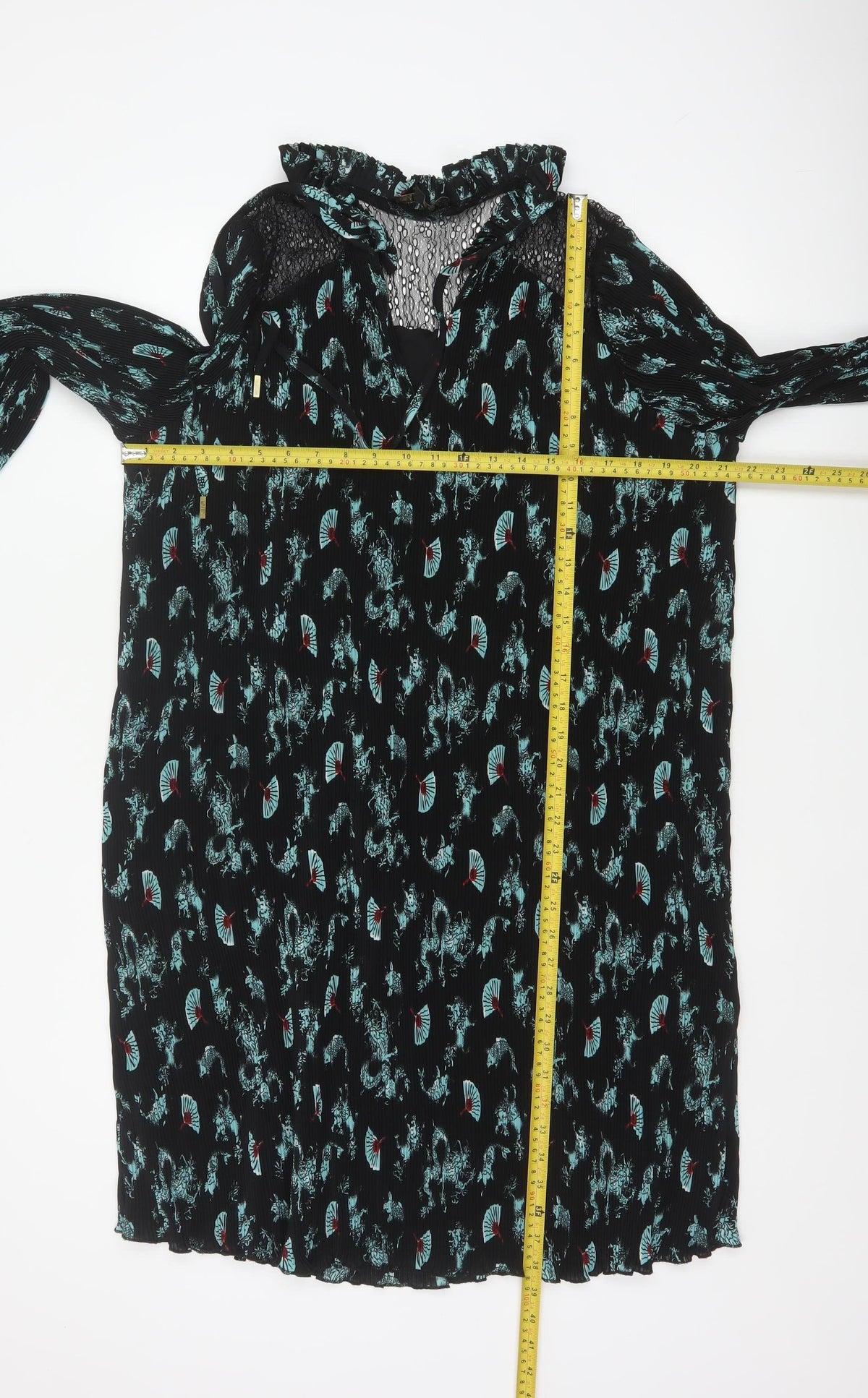 Biba Women Black UK 16 Pleated Lace Yoke V-Neck Shift Dress