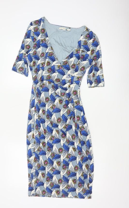 Boden Women Blue Floral V-Neck Ruched Long Jersey Dress UK 10
