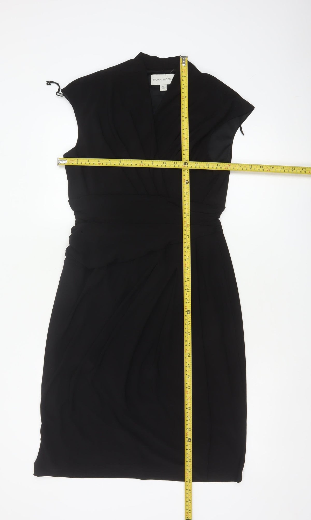 Ronni Nicole Women Black UK 12 Sheath Wrap Ruched Midi Dress