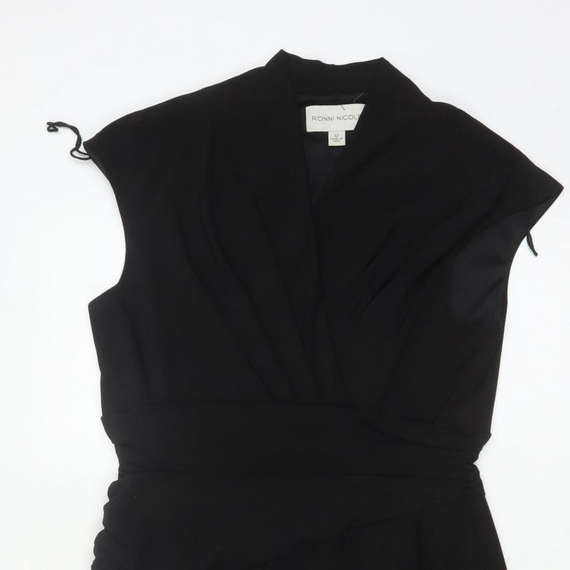 Ronni Nicole Women Black UK 12 Sheath Wrap Ruched Midi Dress