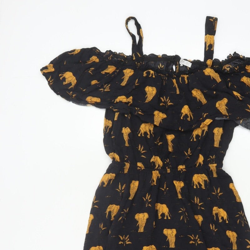 Mango Women Black Gold Elephant Print XS Off Shoulder Fit & Flare Dress