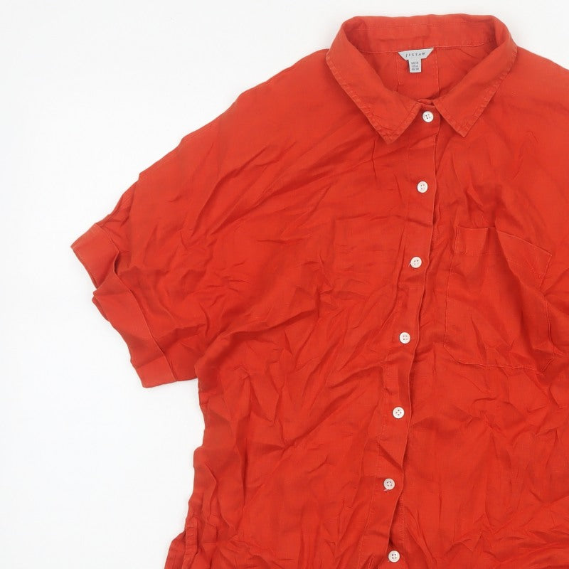 Jigsaw Women Orange UK 10 Linen Short Sleeve Collared Button-Up Shirt