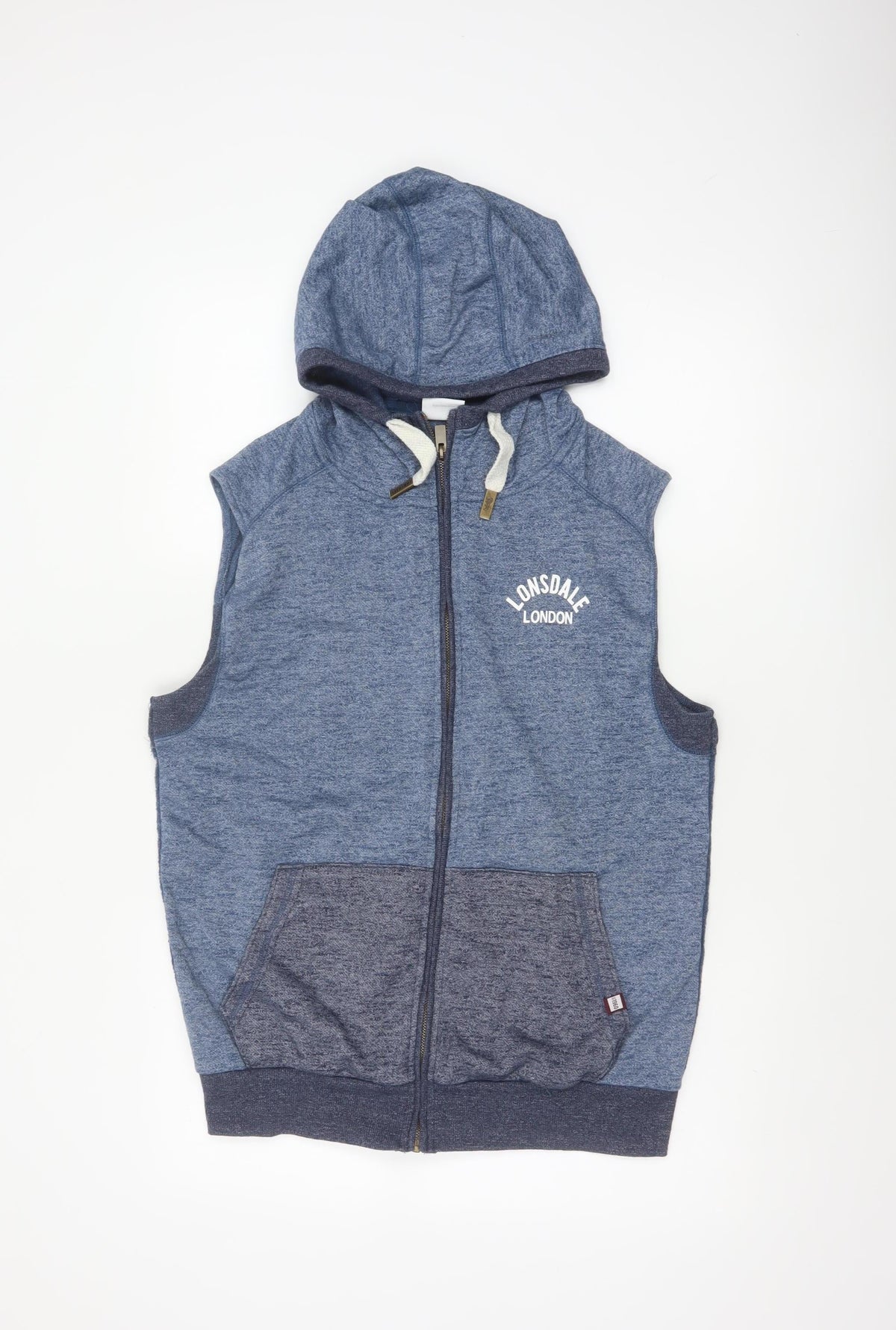 Back view of Lonsdale Men’s Blue M Sleeveless Full Zip Hooded Vest Hoodie London