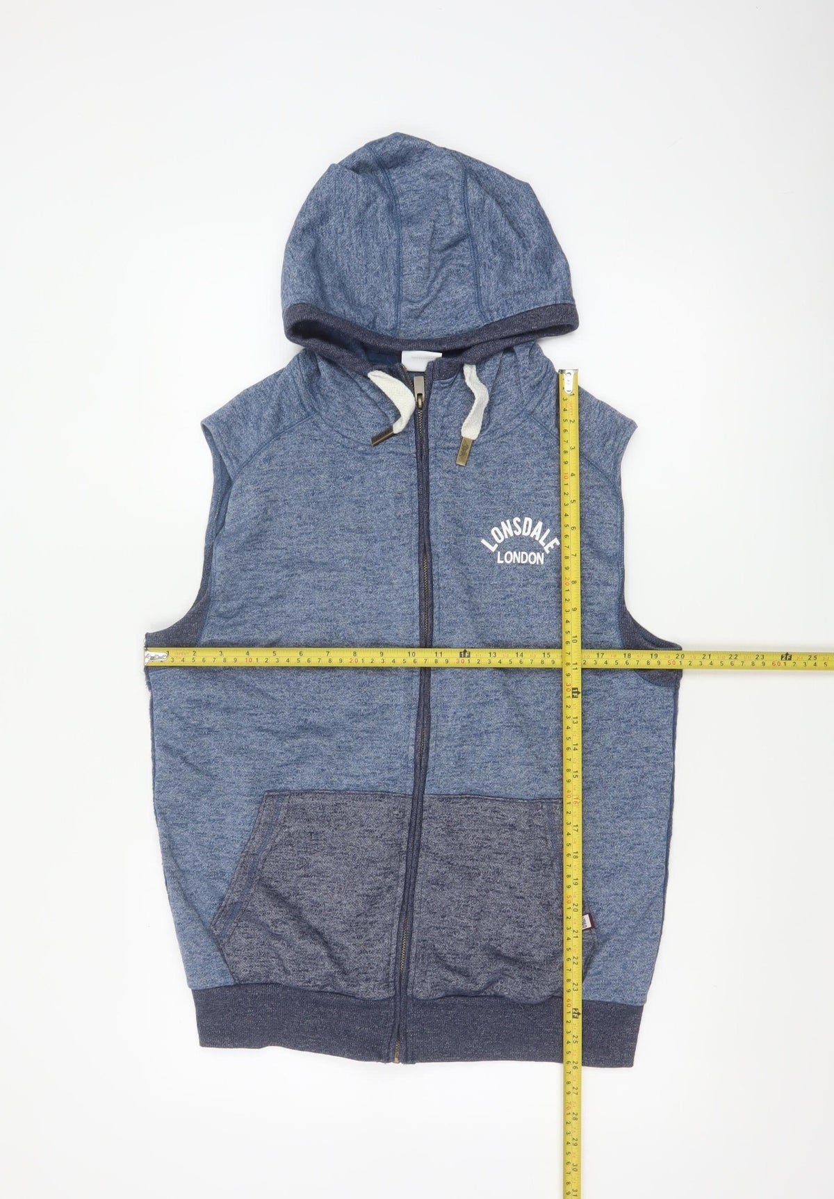 Close-up detail of Lonsdale Men’s Blue M Sleeveless Full Zip Hooded Vest Hoodie London