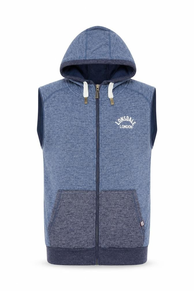 Front view of Lonsdale Men’s Blue M Sleeveless Full Zip Hooded Vest Hoodie London