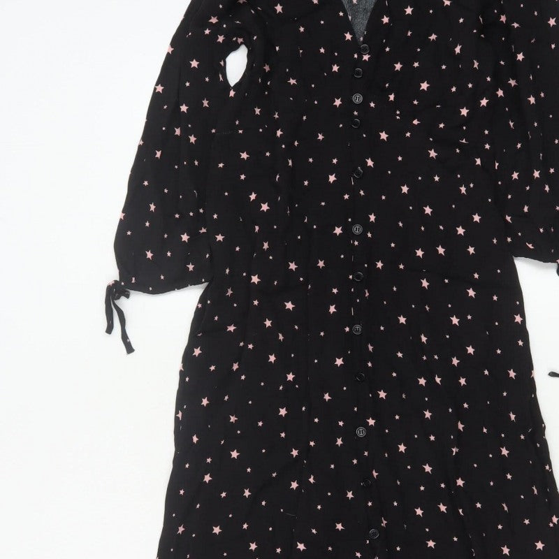 Hush Women Black Pink Star Print Size 8 Long A-Line Button Dress
