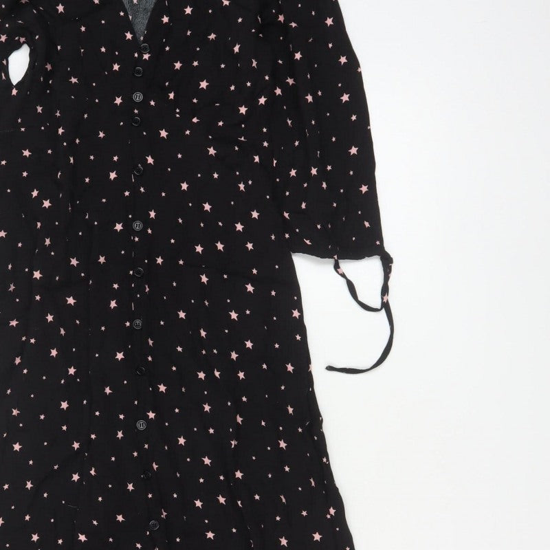 Hush Women Black Pink Star Print Size 8 Long A-Line Button Dress