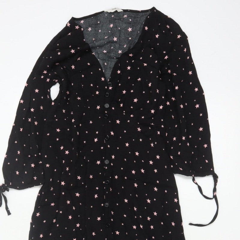 Hush Women Black Pink Star Print Size 8 Long A-Line Button Dress