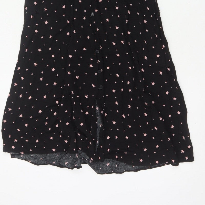 Hush Women Black Pink Star Print Size 8 Long A-Line Button Dress