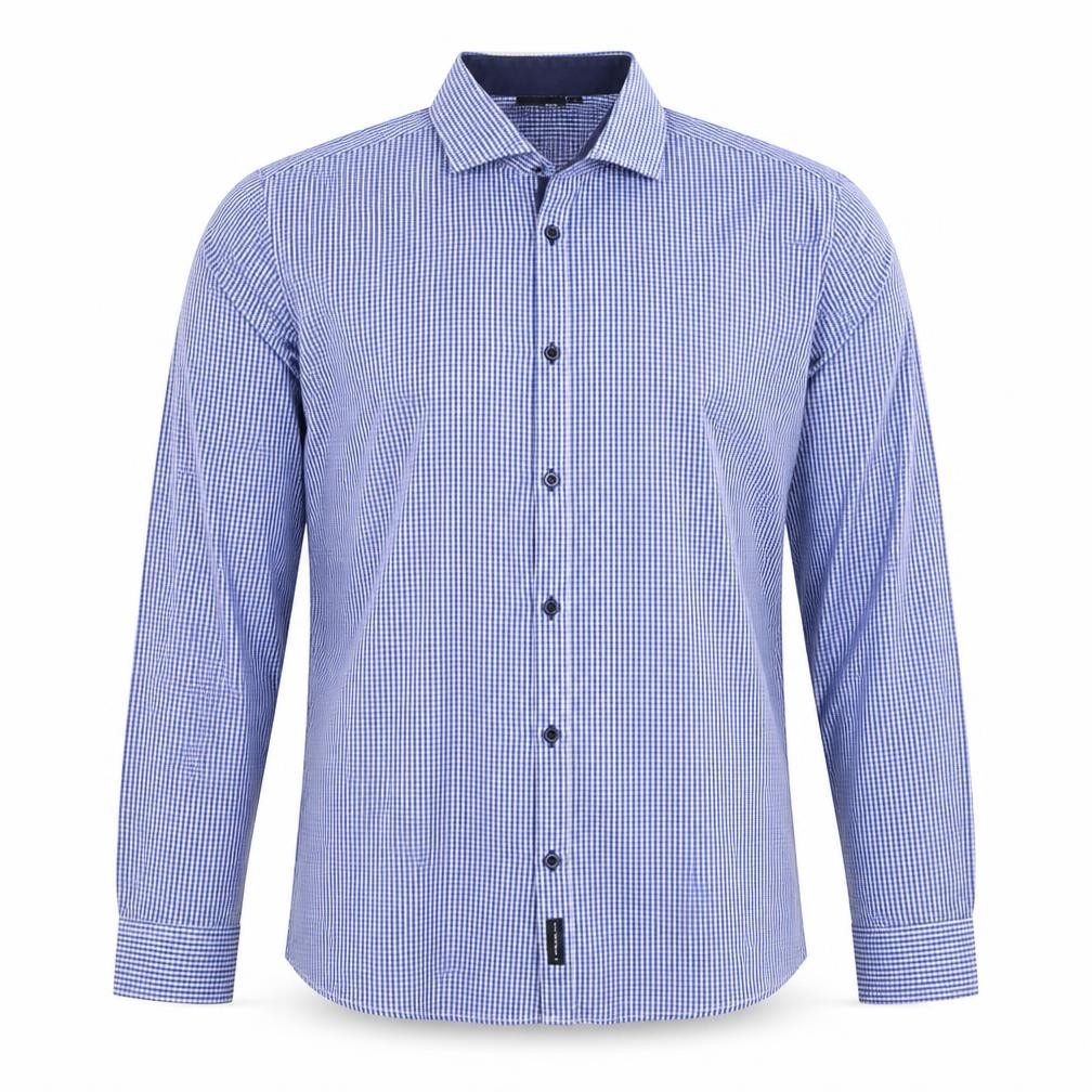 D66 Men's Blue Check Slim Fit L Cotton Blend Long Sleeve Button-Up Shirt