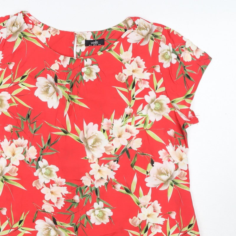 Wallis Women Red Floral Short Sleeve Blouse UK 18 Lightweight