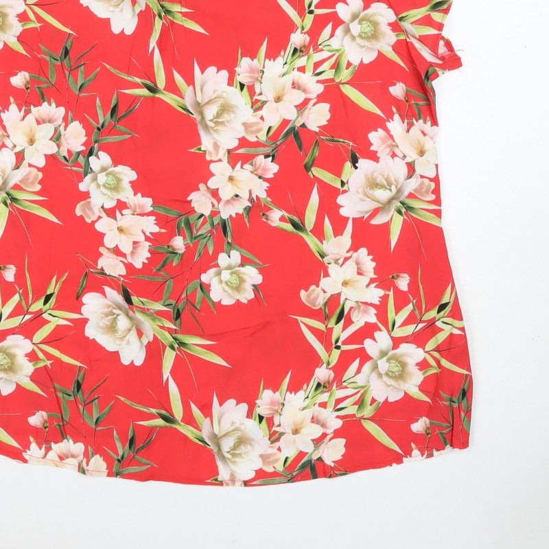 Wallis Women Red Floral Short Sleeve Blouse UK 18 Lightweight