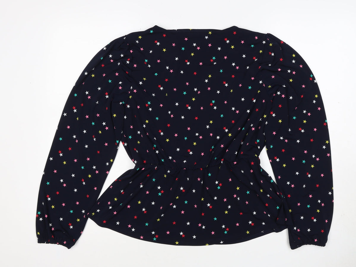 Oasis Women Multicoloured Star Print V-Neck Long Sleeve Blouse Size L