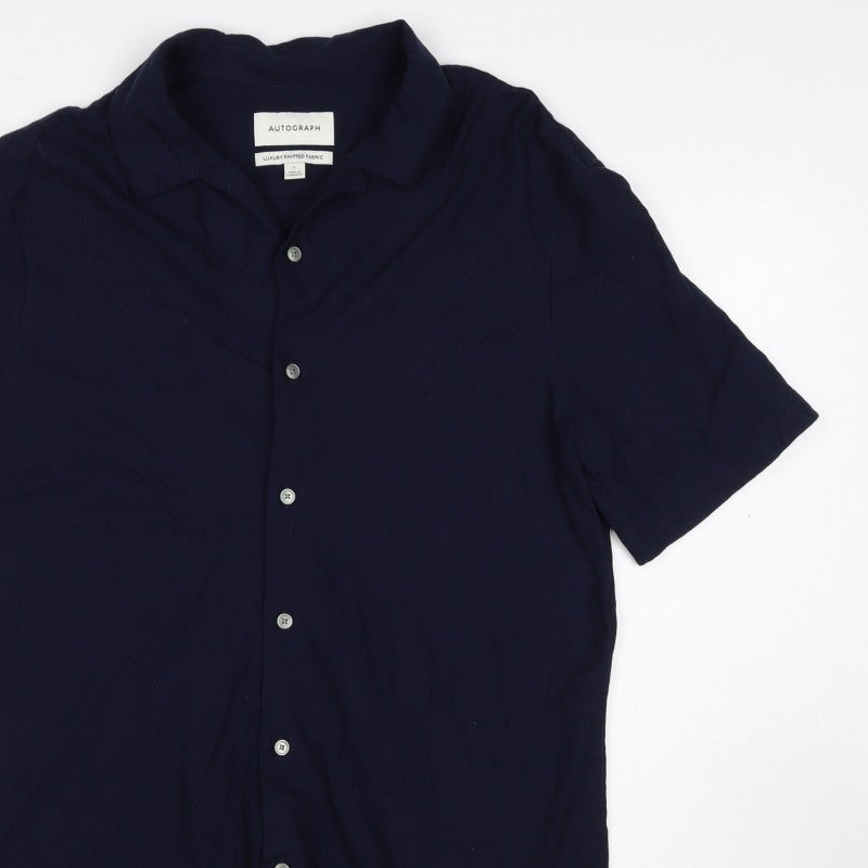 Autograph Men’s Navy Blue L Luxury Knitted Short Sleeve Button-Up Shirt