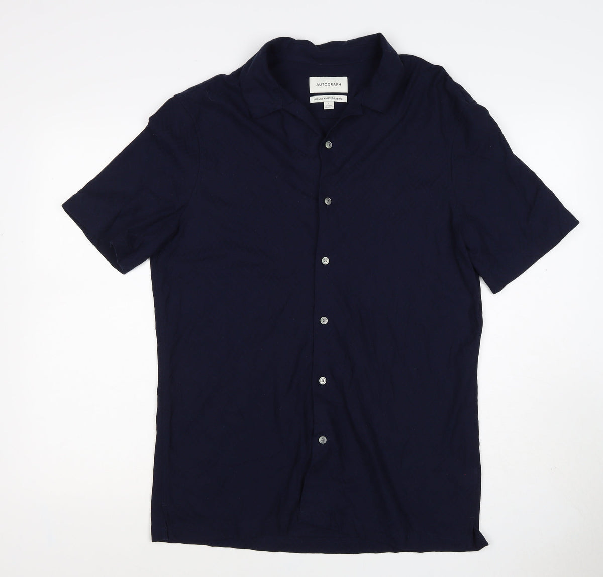 Autograph Men’s Navy Blue L Luxury Knitted Short Sleeve Button-Up Shirt