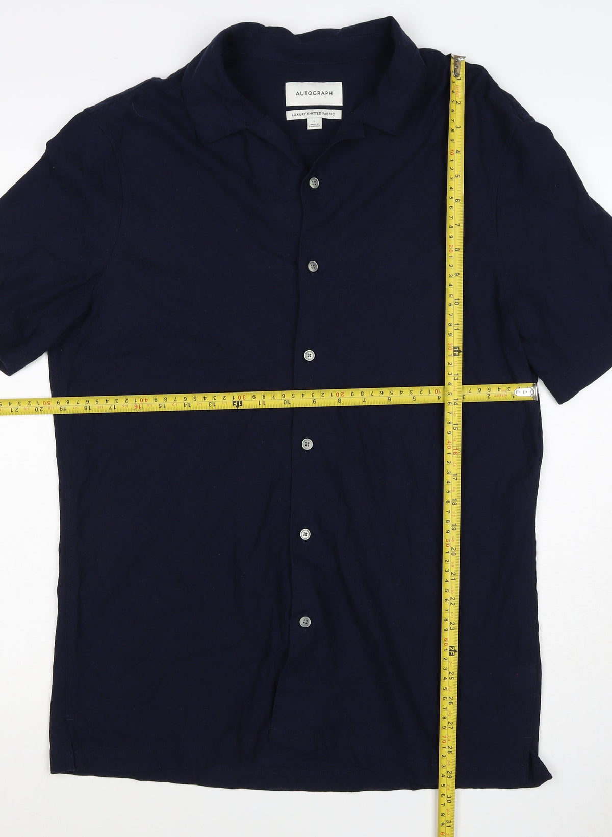 Autograph Men’s Navy Blue L Luxury Knitted Short Sleeve Button-Up Shirt