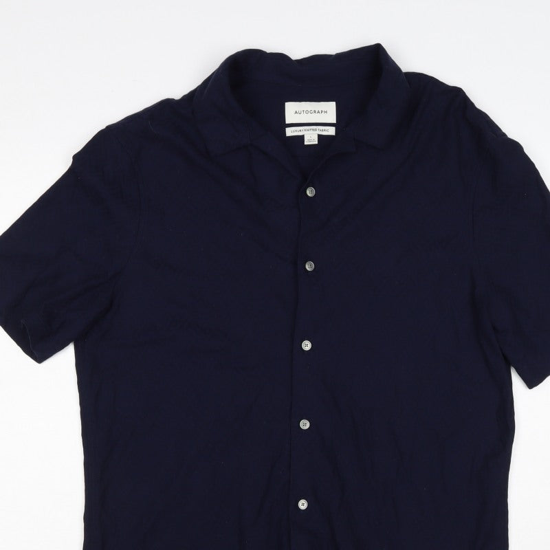 Autograph Men’s Navy Blue L Luxury Knitted Short Sleeve Button-Up Shirt