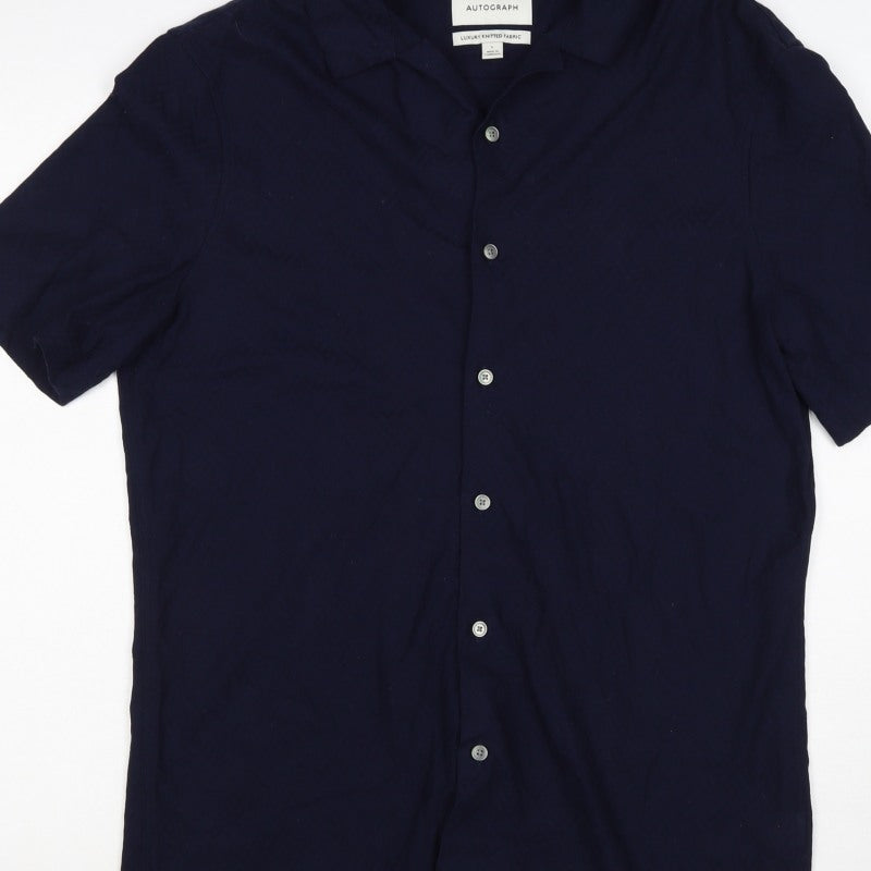 Autograph Men’s Navy Blue L Luxury Knitted Short Sleeve Button-Up Shirt