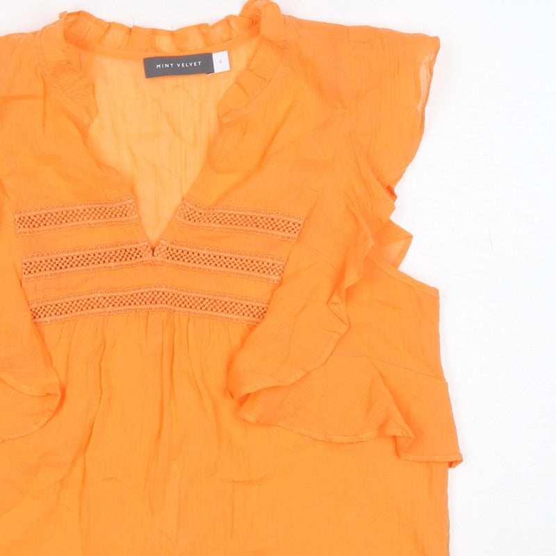 Mint Velvet Women Orange UK 6 Ruffle V-Neck Cotton Blouse