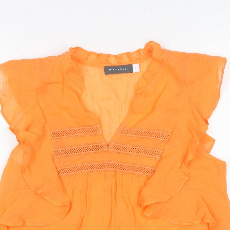 Mint Velvet Women Orange UK 6 Ruffle V-Neck Cotton Blouse