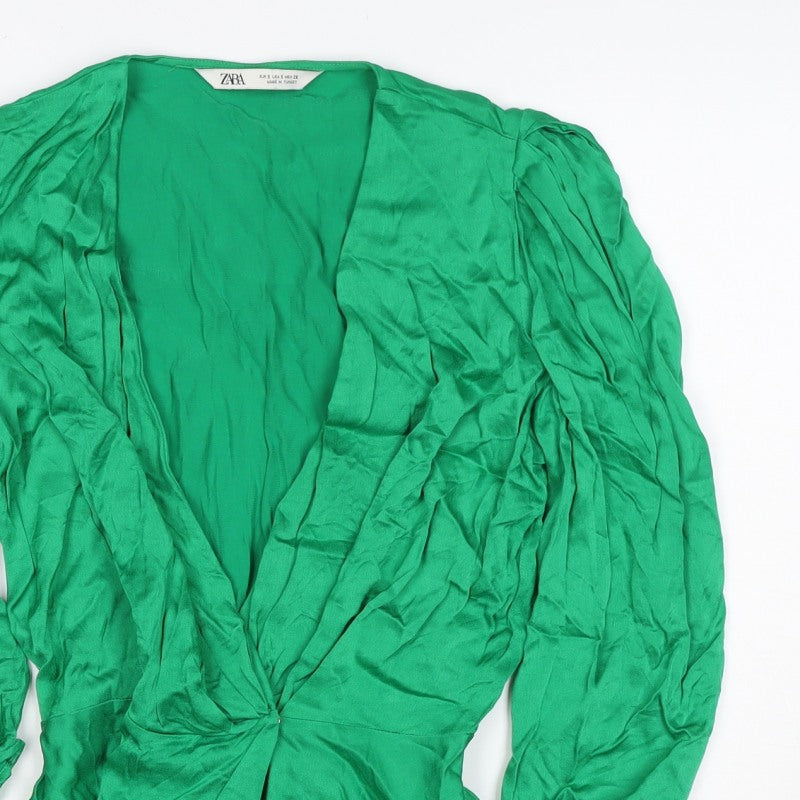 Zara Women Green S Wrap Blouse V-Neck Puff Long Sleeve Viscose