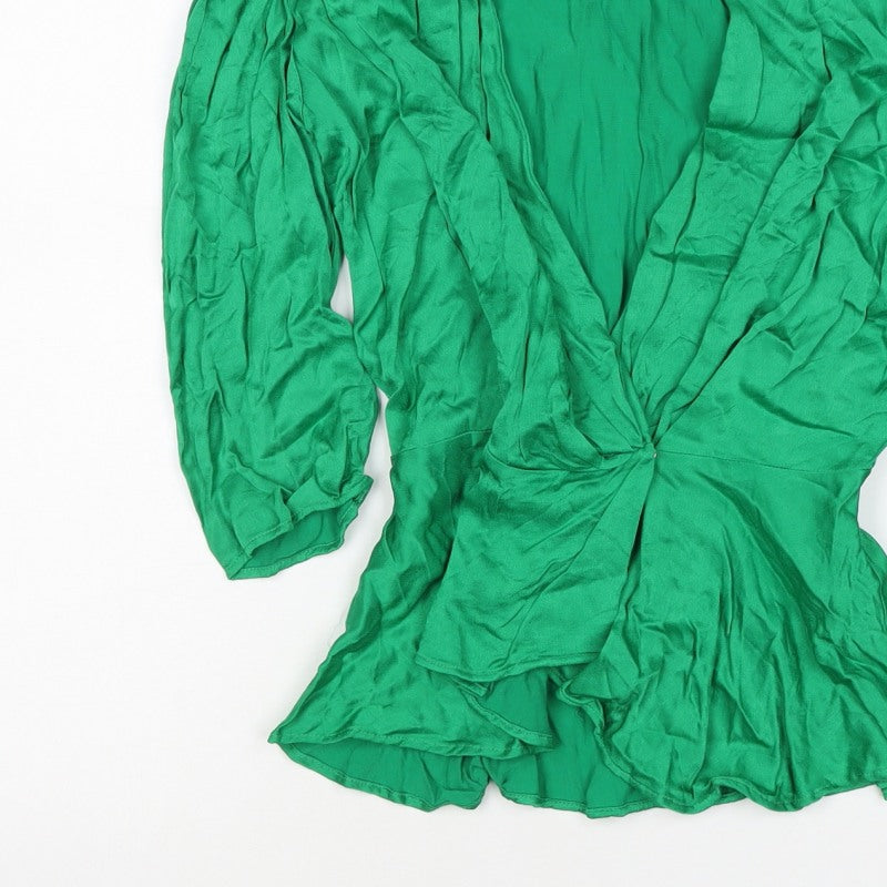 Zara Women Green S Wrap Blouse V-Neck Puff Long Sleeve Viscose