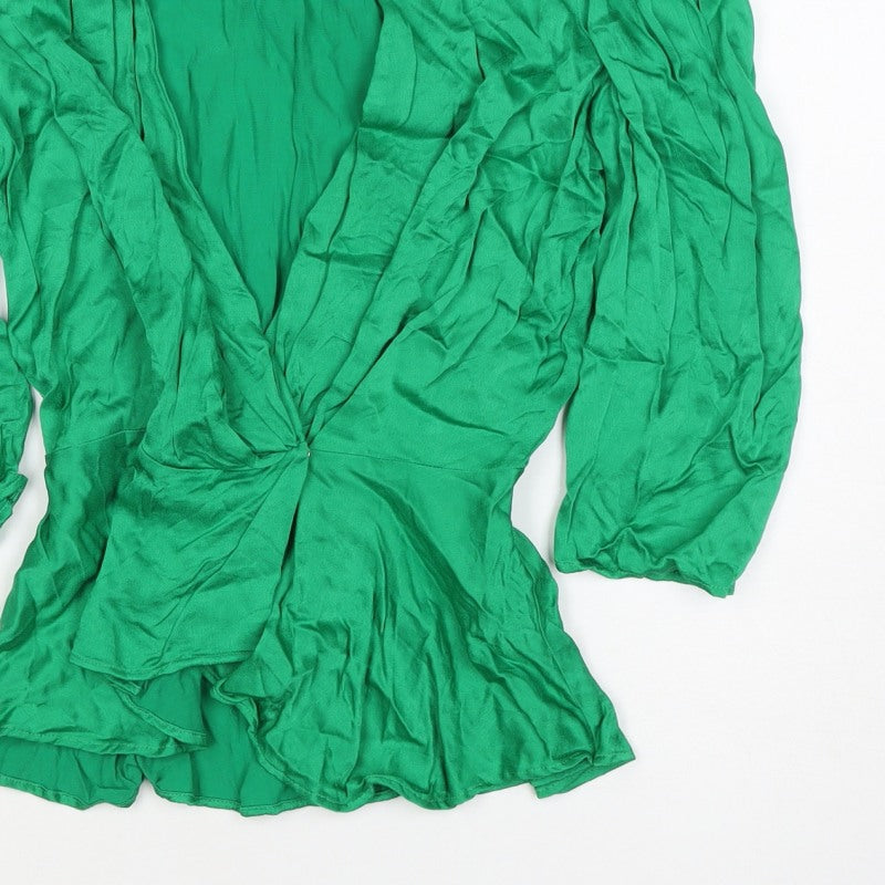 Zara Women Green S Wrap Blouse V-Neck Puff Long Sleeve Viscose