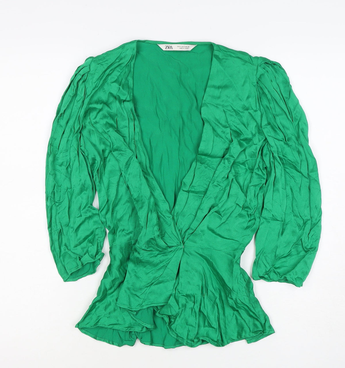 Zara Women Green S Wrap Blouse V-Neck Puff Long Sleeve Viscose