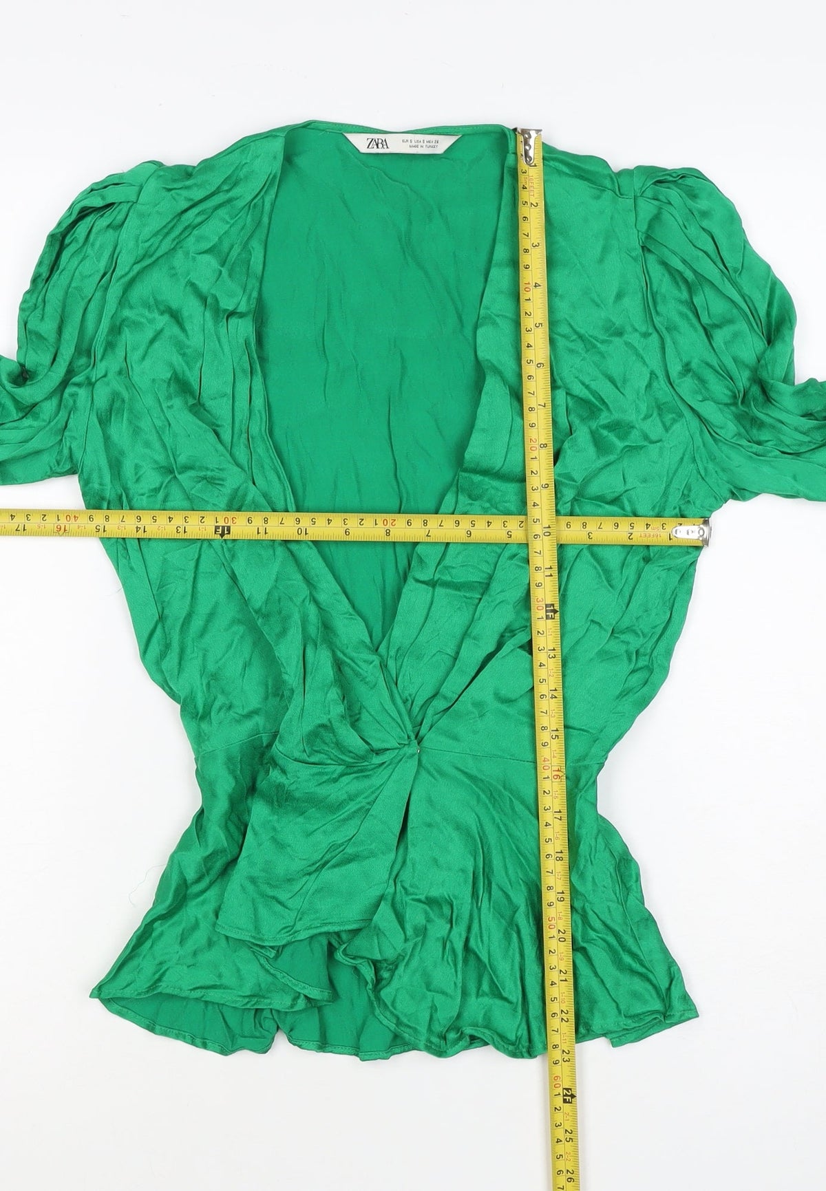 Zara Women Green S Wrap Blouse V-Neck Puff Long Sleeve Viscose