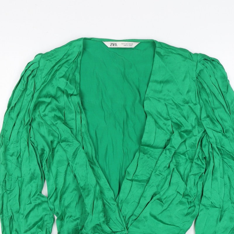 Zara Women Green S Wrap Blouse V-Neck Puff Long Sleeve Viscose