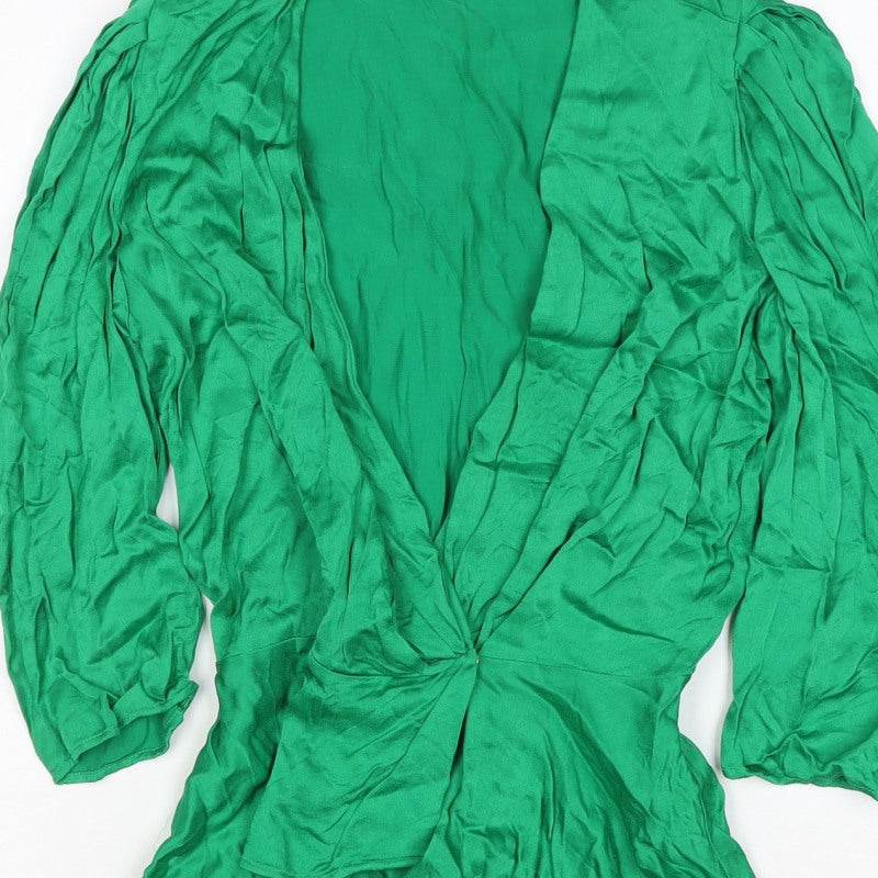 Zara Women Green S Wrap Blouse V-Neck Puff Long Sleeve Viscose
