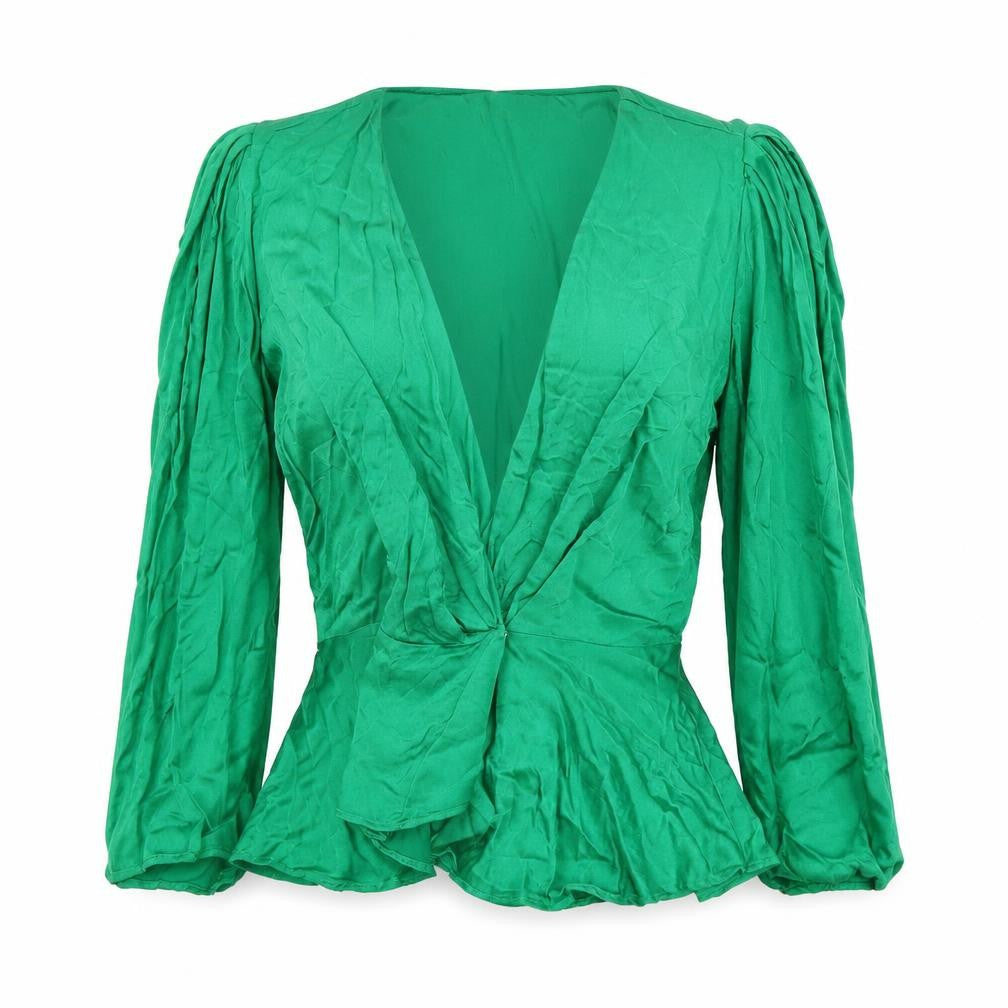 Zara Women Green S Wrap Blouse V-Neck Puff Long Sleeve Viscose