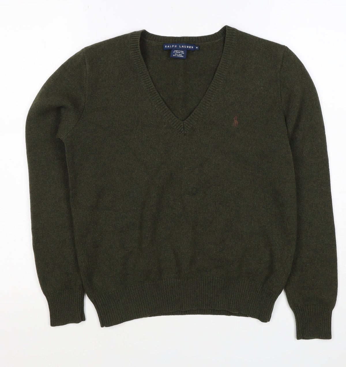 Ralph Lauren Women Green M Cashmere Wool V-Neck Logo Pullover Jumper