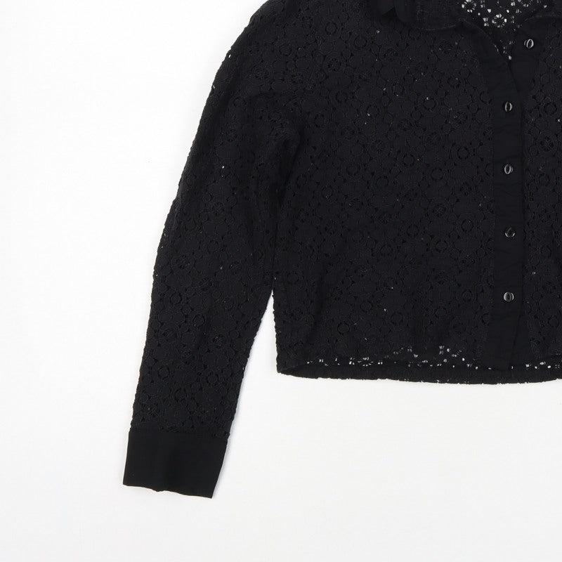 Comma Women Black UK 12 Cropped Lace Collared Button-Up Blouse