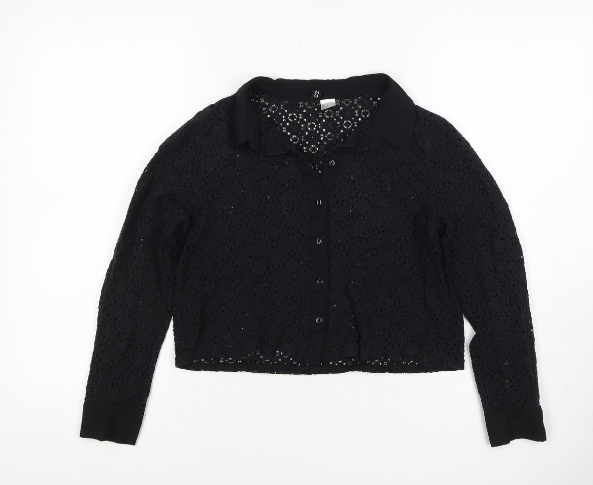 Comma Women Black UK 12 Cropped Lace Collared Button-Up Blouse