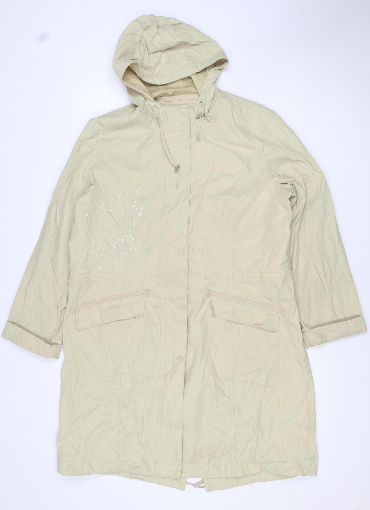 Per Una Women Ivory L Long Hooded Parka Floral Embroidered Jacket